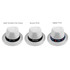 Three white straw hats displayed, each featuring different types of decorative bands and logos.