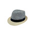 A straw woven top hat featuring a blue and cream geometric pattern with a black band.