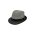 A straw woven top hat in black and white patterns with a black band around the base. Includes a logo.