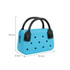 A blue EVA mini handbag with black handles and decorative holes, featuring a zip closure.