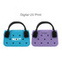 A mini handbag in blue and purple with perforated designs and a black handle. Features a logo on the blue bag.