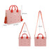 A pink EVA tote bag with red handles and an adjustable strap, featuring holes for added design.