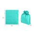 A teal non-woven drawstring bag displayed in two positions, flat and gathered, showcasing its dimensions.