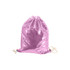A pink sequin drawstring bag with a smooth, shiny finish and two drawstrings at the base.