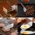 A stainless steel turner with a wooden handle displayed in various cooking scenarios, including cake, meat, and eggs.