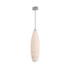 A milk frother in a soft pink hue with a silver whisk attachment, featuring a sleek, elongated design.