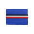A blue felt essential oils travel organiser with a multi-coloured strap. It features a simple, compact design.