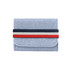 A grey felt essential oils travel organiser with a striped elastic band in navy, red, and white.