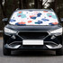 A light-blocking car sun shade featuring a colourful abstract design in pink, blue, and lavender, placed on a black car.