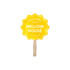 A yellow custom shape paper hand fan with a wooden handle and a decorative design.