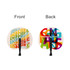 A peach-shaped plastic paper fan with vibrant multi-coloured text on both sides and a black handle.