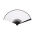A bamboo hand fan with a black frame and white fabric, featuring multiple pleats and a central pivot.