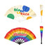 A set of decorative plastic hand fans in cream, colourful dots, and a rainbow design featuring text and a logo.