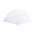 A fabric hand-held fan in white, featuring a traditional fan design with a circular handle and pleated fabric.