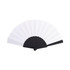 A black and white fabric hand-held fan with a scalloped edge and a simple design. It has a logo on the handle.