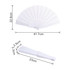 A white fabric hand-held fan with a folding design, featuring measurements of 41.7 cm by 22.8 cm when fully opened.