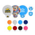 A collection of foldable fans in various colours, featuring different designs and a logo.