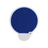 A foldable fan with a circular navy blue design and a white handle, featuring a branding logo.