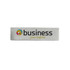 A metal name badge featuring a silver finish with a logo and text.
