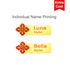 Custom metal name badges in gold with a decorative logo, featuring two name options: Luna and Bella.