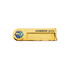 A gold metal name badge with a logo and a clear area for custom text. The design features a sleek rectangular shape.