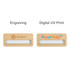 A set of reusable wooden name badges featuring light wood colour, with a logo on each and a clear insert area.