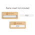 A wooden name badge in natural colour featuring a logo and a slot for a name insert.