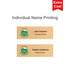 A wooden name badge featuring a light wood finish, accompanied by a logo and options for individual name printing.