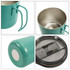 A camping stainless steel insulated mug in teal, featuring a handle and a clear lid with a sealing mechanism.