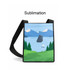 A custom sublimation crossbody bag with a scenic landscape design featuring mountains, water, and trees in green and blue hues.