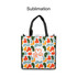 A vibrant tote bag featuring an abstract pattern in green, orange, and blue, with black handles and a logo.