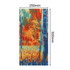 A vibrant, patterned gaiter featuring blues, oranges, and yellows, depicting a nature scene with trees and foliage.