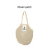 A beige mesh grocery bag with a woven patch and logo, featuring two handles for easy carrying.