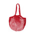 A red mesh grocery bag with two handles, featuring an open weave design.