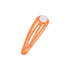 An orange hair clip with a circular top, featuring a shiny finish. The clip has an elongated, slim design and a logo.