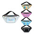 Holographic waist bags in white, pink, blue, and black, featuring a zippered front pocket and a logo.