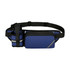 A drink bottle holder attached to a blue fanny pack with a zippered compartment and a logo.
