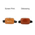 A polyurethane fanny pack in tan with a logo, featuring a zip closure and an adjustable strap.