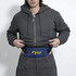 A man wearing a grey hoodie holds a blue fanny pack with a logo, featuring RFID blocking.