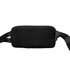 A black travel fanny pack with a zippered compartment and adjustable straps. It features a logo on the front.