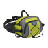 A drink bottle holder is attached to a grey and fluorescent yellow waist bag with multiple compartments and a logo.