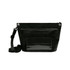 A black PVC crossbody phone bag with a strap and a front pocket. It features a transparent section for identification.