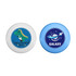 Two flying discs, one white featuring a dinosaur, and one light blue with a rocket and planet design, both with logos.