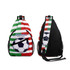 A crossbody bag featuring red, green, and white stripes, and a soccer ball graphic. It has a mesh side pocket and a logo.