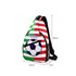 A crossbody bag featuring a football design with green, white, and red stripes and a mesh pocket. It has a branding logo.