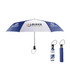 A 21'' automatic open and close umbrella in blue and white, featuring a logo and a compact design for easy carrying.