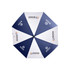 A navy and white 21'' automatic open and close umbrella with a logo printed on the panels.