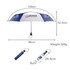 A blue and white 21'' automatic open and close umbrella with a logo, featuring measurements and a compact handle.