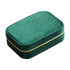 A green velvet jewellery box with a compartment and gold zipper detailing. Features a soft textured surface.
