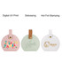 Three small portable PU leather jewellery boxes in pink, green, and white, featuring various designs and a logo.